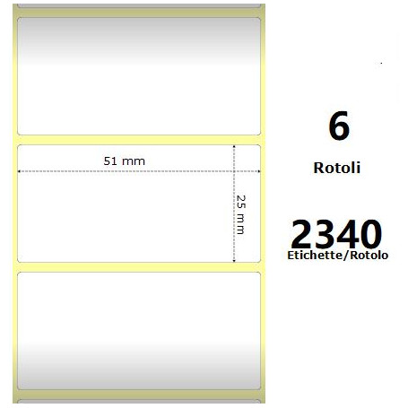 White 51x25mm, 2340 Et/Rotolo Z-2000D 2x1x1 Core, 6 Rolls