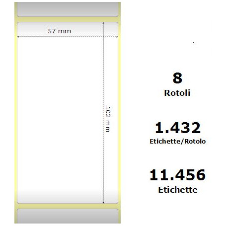 White 57x102mm, 1432 Et/Rotolo Z-2000D,2.2x4x3 Core, 8 Rolls